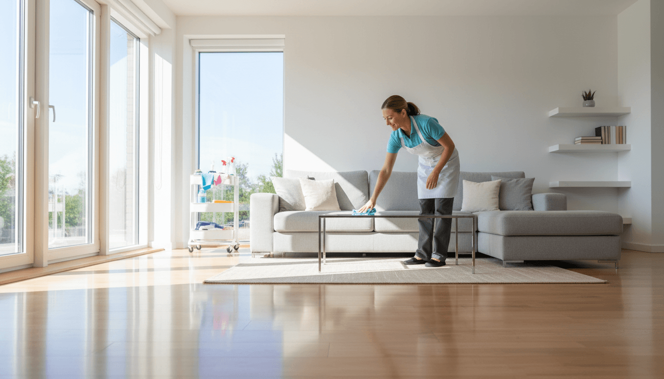 Professional cleaner polishing surfaces in a spotless modern living room with natural light