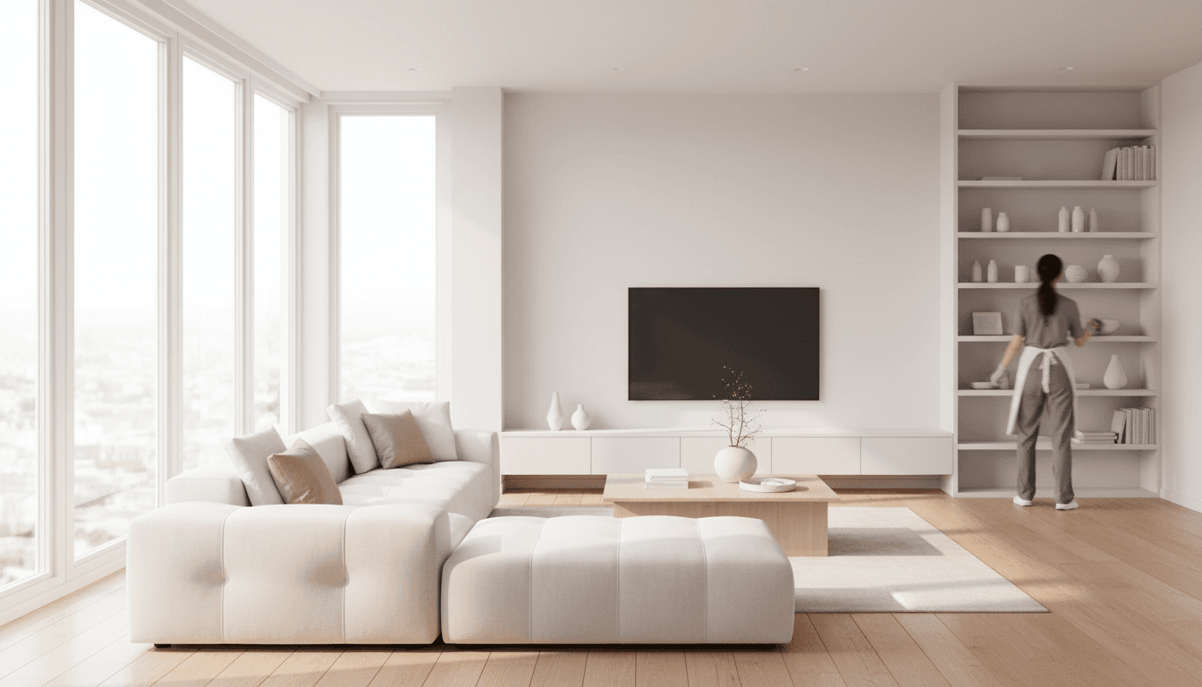Bright, clean modern living room with professional cleaner in background