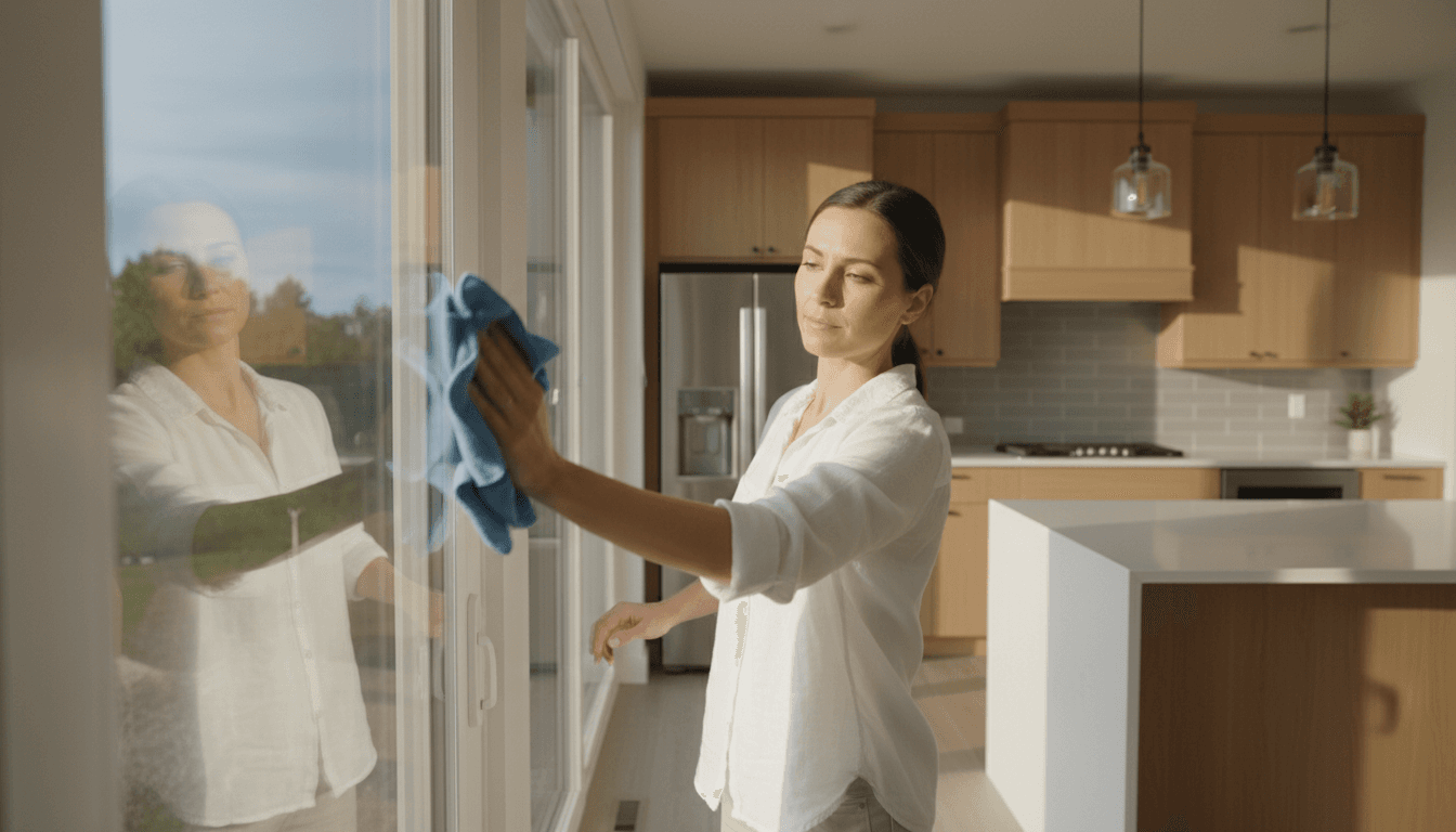 Professional cleaner carefully wiping down a glass surface in a bright, modern kitchen