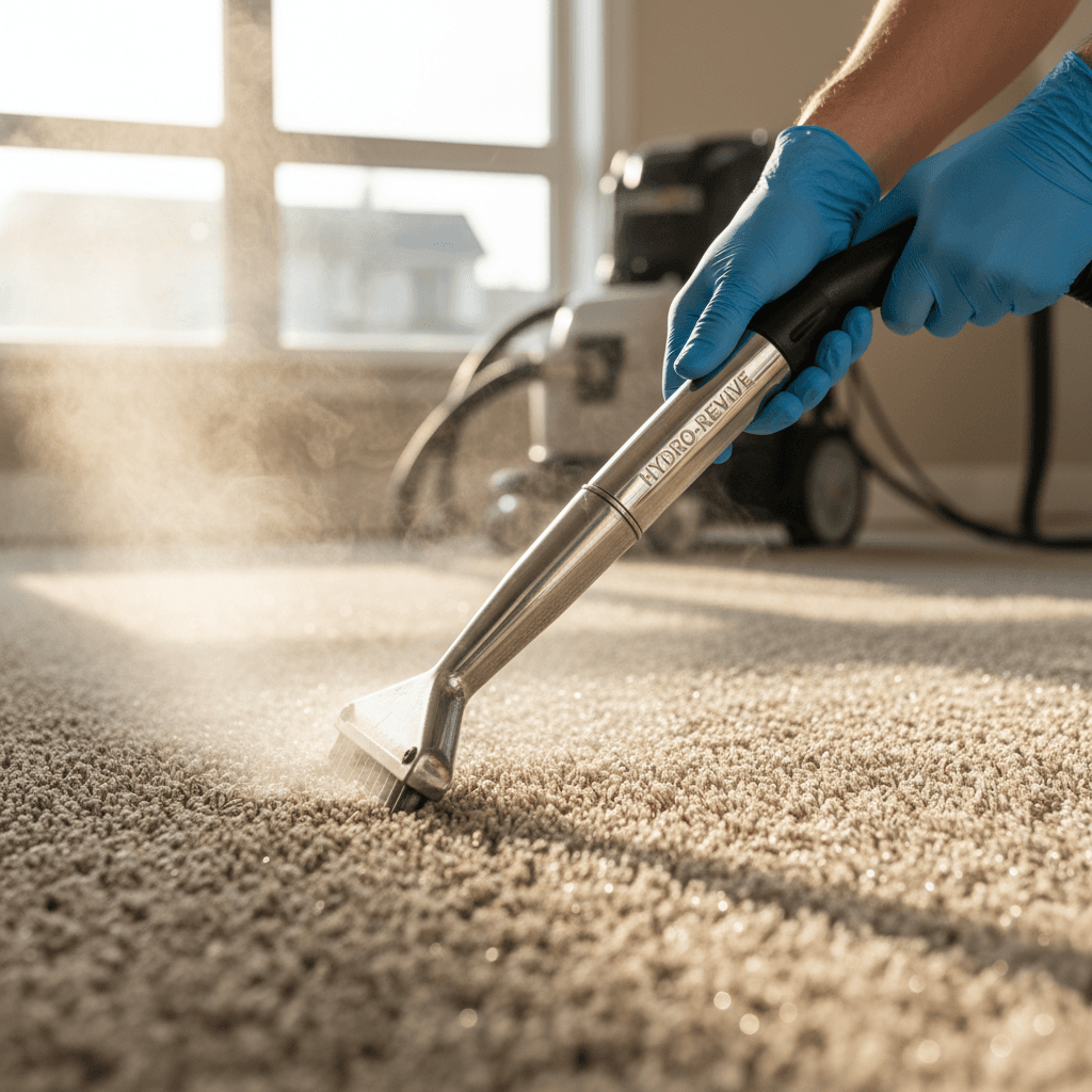 Close-up of professional steam cleaner treating residential carpet, demonstrating specialized carpet deep cleaning equipment in action