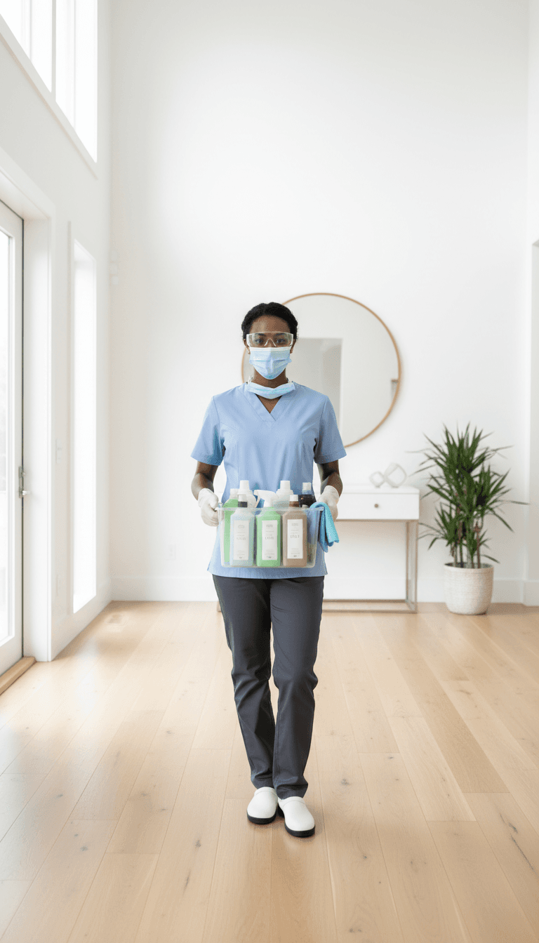 Professional female cleaner smiling confidently in bright modern home entryway with cleaning supplies